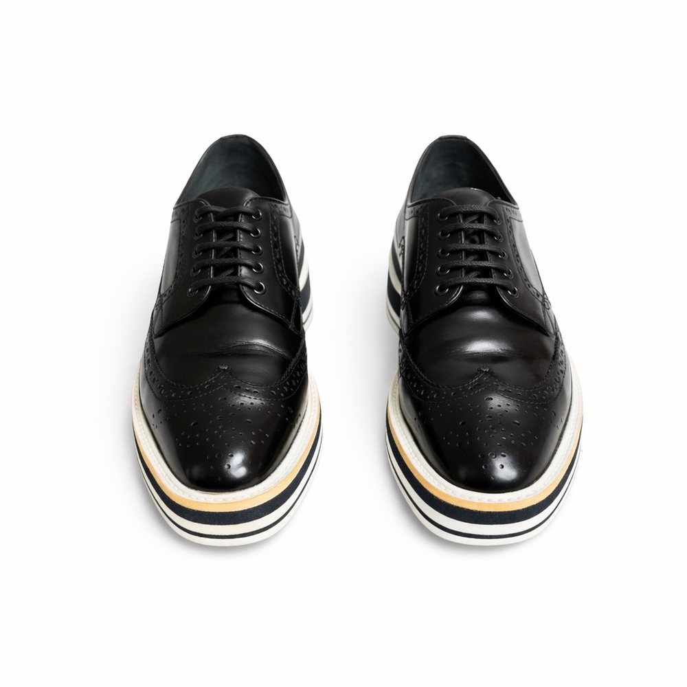 Prada Spazzolato Leather Platform Brogues 36 Black Wingtip Derby Elevated Sole - Picture 3 of 10